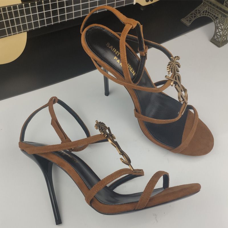 Saint Laurent Cassandra Stiletto Sandals Women Suede With Palm Tree Logo Brown Gold