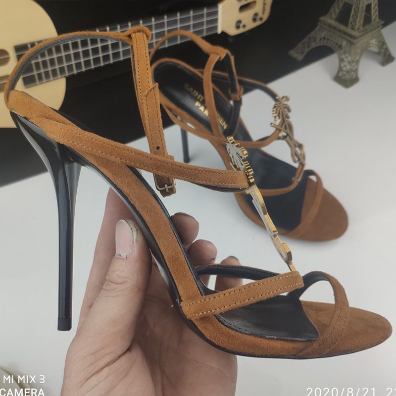 Saint Laurent Cassandra Stiletto Sandals Women Suede With Palm Tree Logo Brown Gold