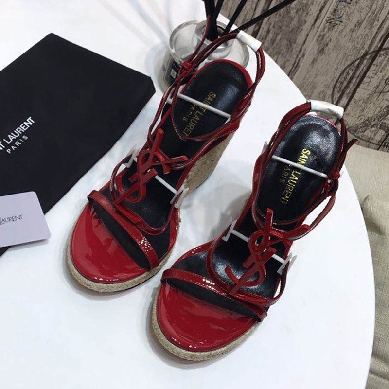 Saint Laurent Cassandra Wedge Espadrilles Women Patent Leather Red