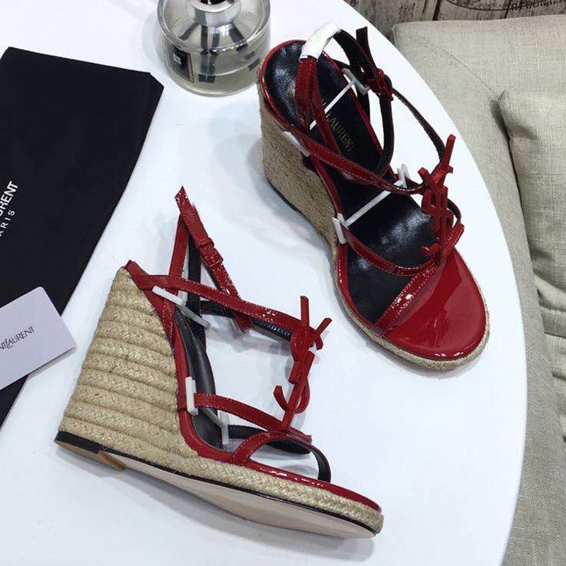 Saint Laurent Cassandra Wedge Espadrilles Women Patent Leather Red