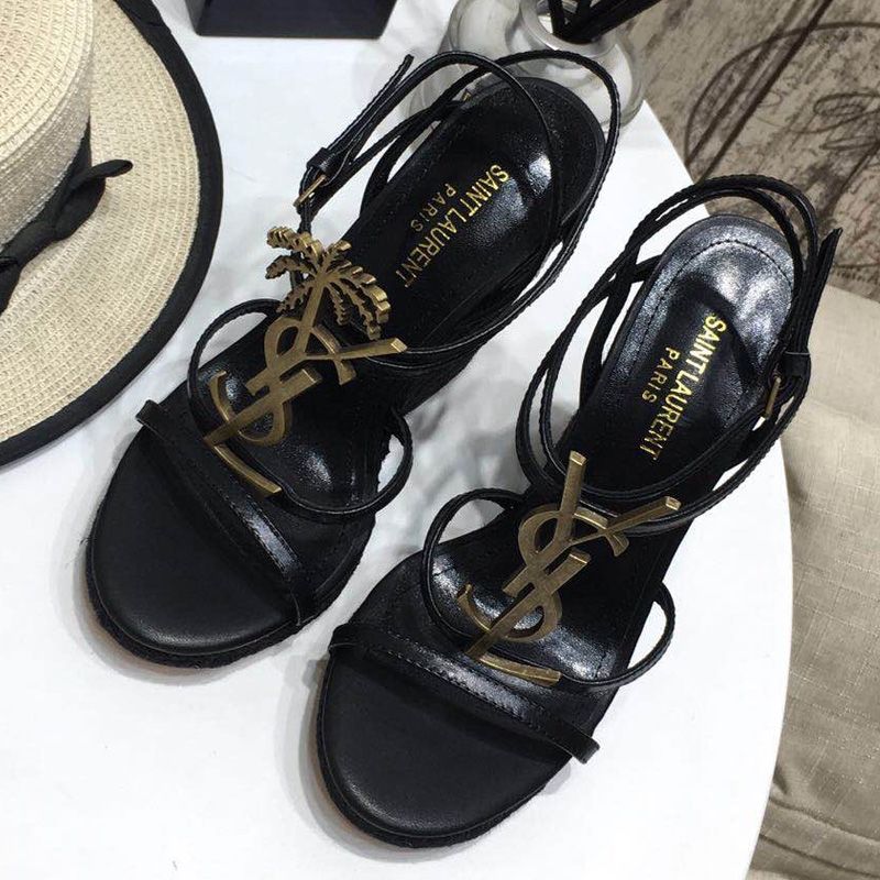 Saint Laurent Cassandra Wedge Espadrilles Women Smooth Leather with Palm Tree Logo Black Gold