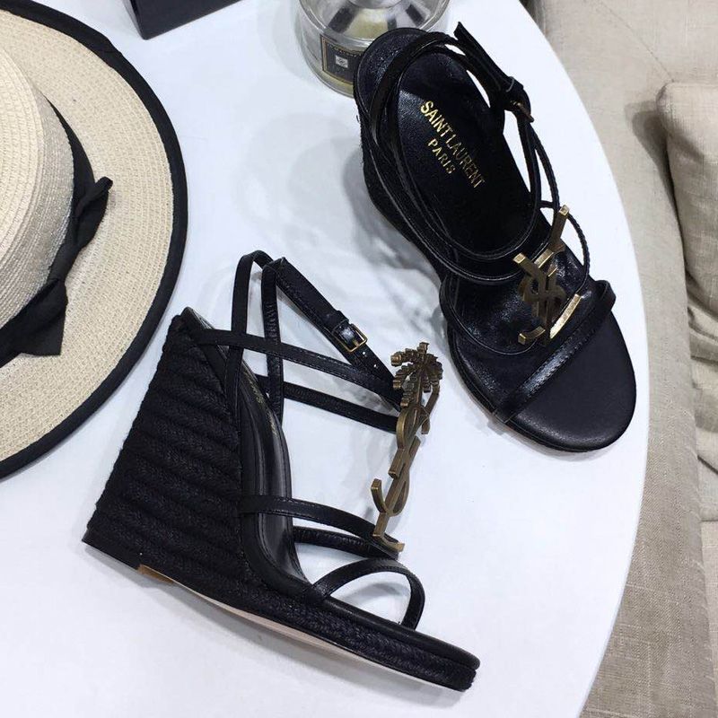 Saint Laurent Cassandra Wedge Espadrilles Women Smooth Leather with Palm Tree Logo Black Gold