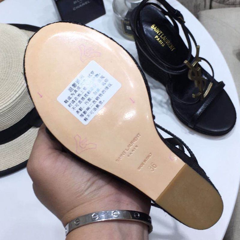 Saint Laurent Cassandra Wedge Espadrilles Women Smooth Leather with Palm Tree Logo Black Gold