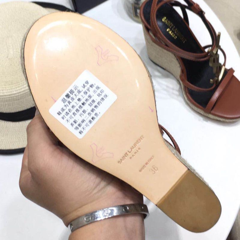 Saint Laurent Cassandra Wedge Espadrilles Women Smooth Leather with Palm Tree Logo Brown Gold