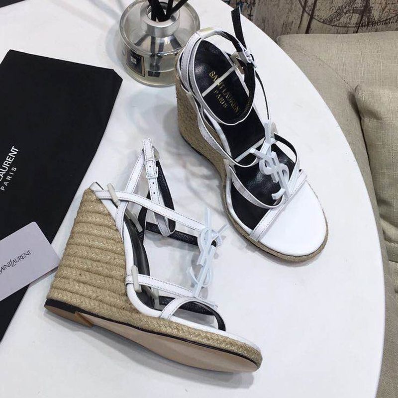 Saint Laurent Cassandra Wedge Espadrilles Women Smooth Leather White