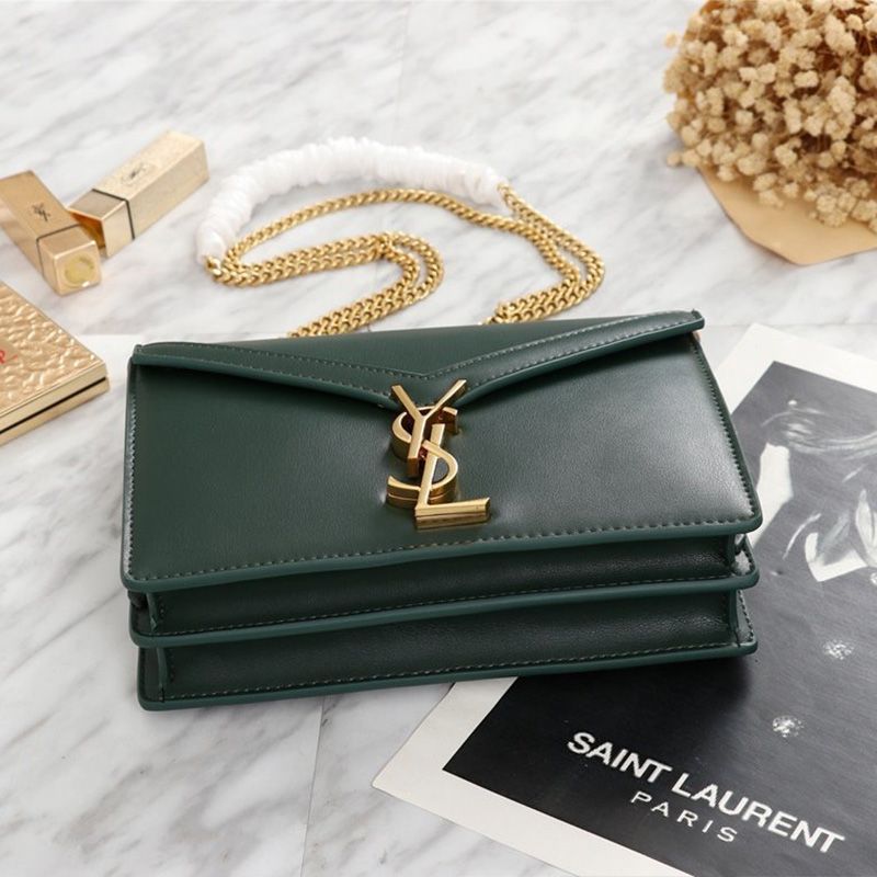 Saint Laurent Cassandra Clasp Bag In Smooth Leather Green Gold