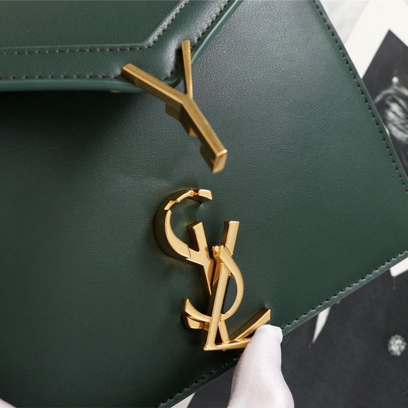 Saint Laurent Cassandra Clasp Bag In Smooth Leather Green Gold