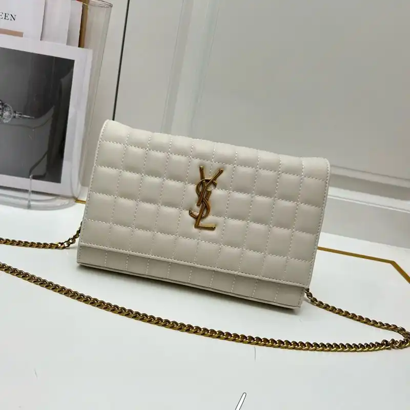 Saint Laurent Large Cassandre Chain Wallet In Lambskin White Gold