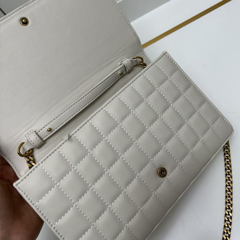 Saint Laurent Large Cassandre Chain Wallet In Lambskin White Gold