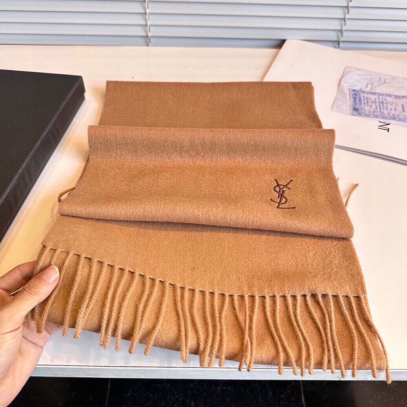 Saint Laurent Cassandre Embroidery Scarf In Cashmere Brown