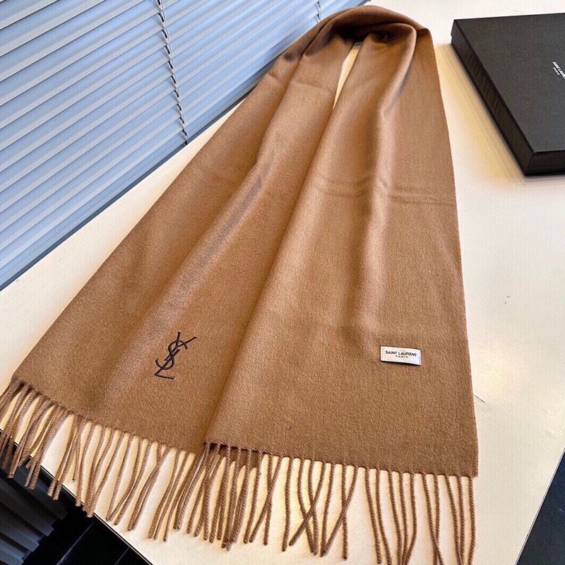 Saint Laurent Cassandre Embroidery Scarf In Cashmere Brown