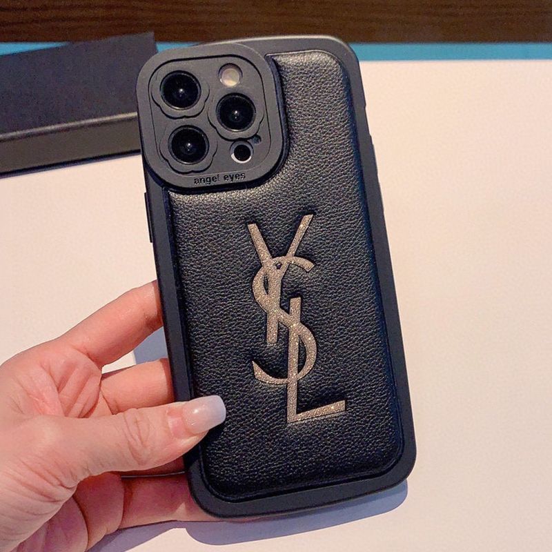 Saint Laurent Cassandre iPhone Case In Grained Calfskin Black