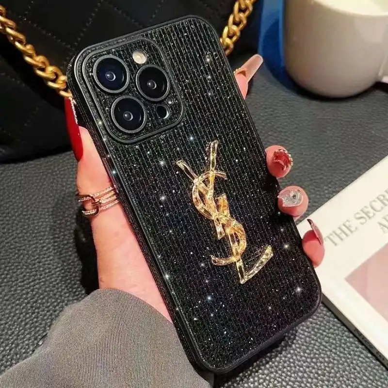 Saint Laurent Cassandre iPhone Case In Silicon with Glitter Crystals Black