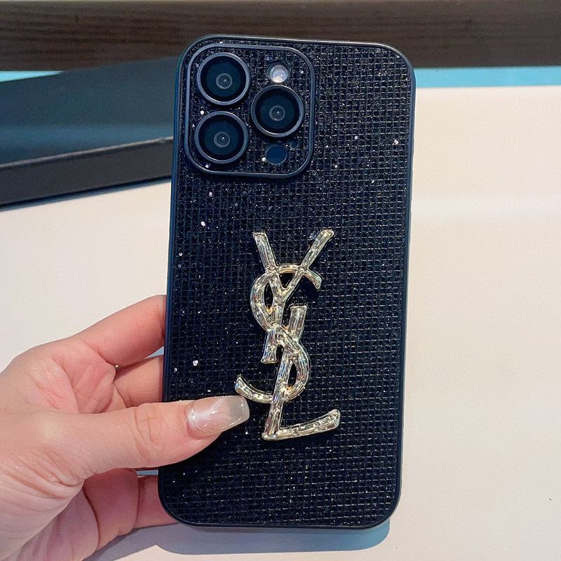 Saint Laurent Cassandre iPhone Case In Silicon with Glitter Crystals Black