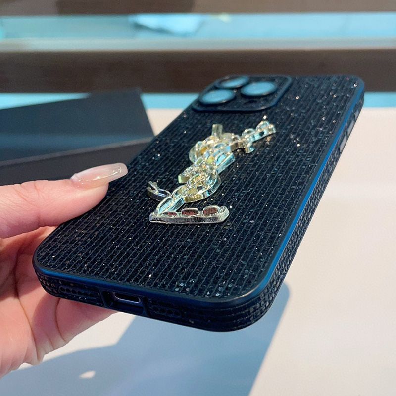 Saint Laurent Cassandre iPhone Case In Silicon with Glitter Crystals Black