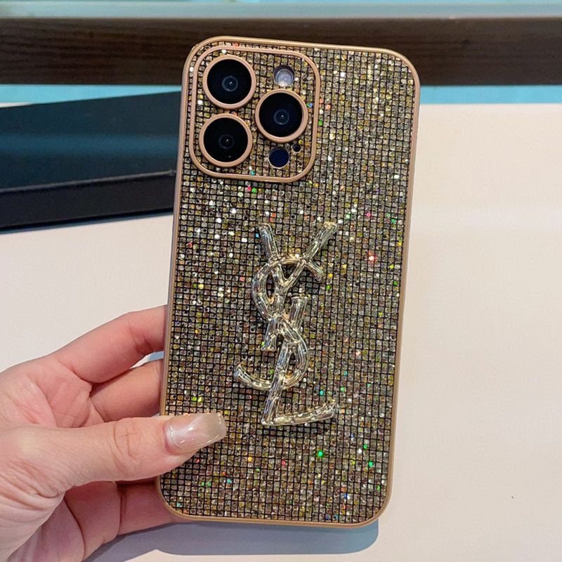 Saint Laurent Cassandre iPhone Case In Silicon with Glitter Crystals Gold