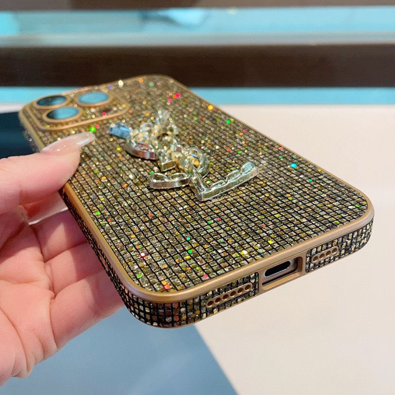 Saint Laurent Cassandre iPhone Case In Silicon with Glitter Crystals Gold