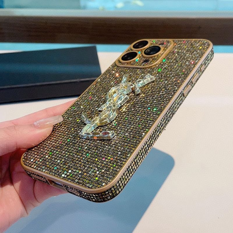 Saint Laurent Cassandre iPhone Case In Silicon with Glitter Crystals Gold