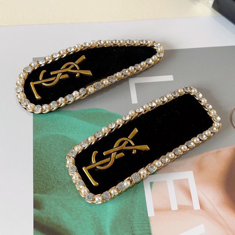 Saint Laurent Cassandre Snap Hair Clip In Suede and Steel with Rhinestones Pearls Black