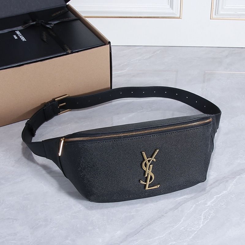 Saint Laurent Classic Monogram Belt Bag In Textured Leather Black Gold