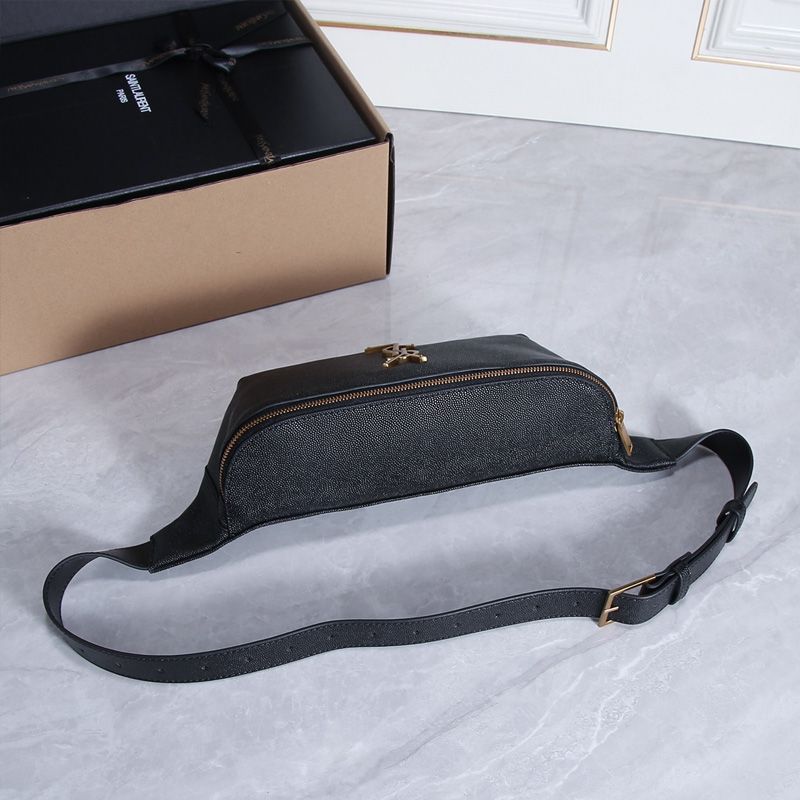 Saint Laurent Classic Monogram Belt Bag In Textured Leather Black Gold