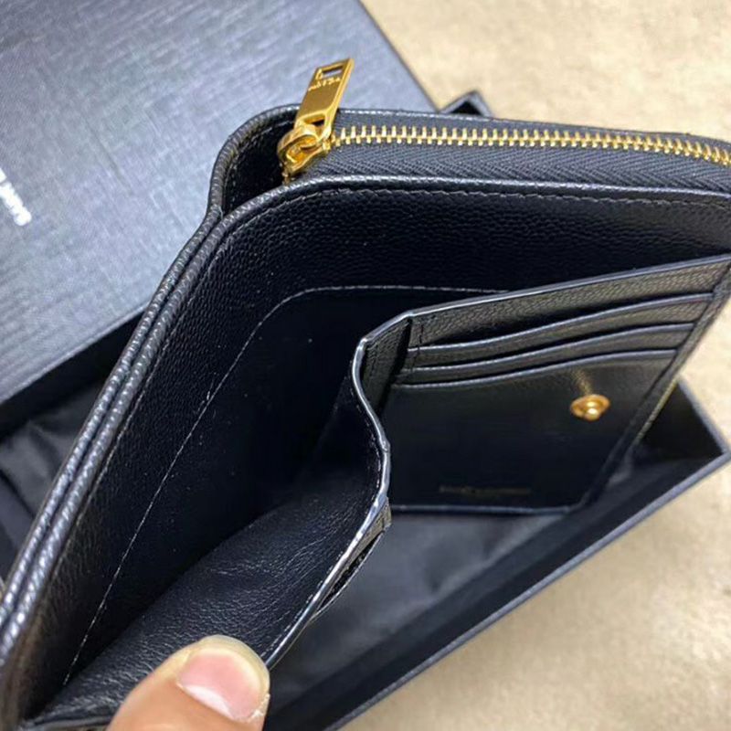 Saint Laurent Small Compact Zip Around Wallet In Grained Matelasse Leather Black Gold