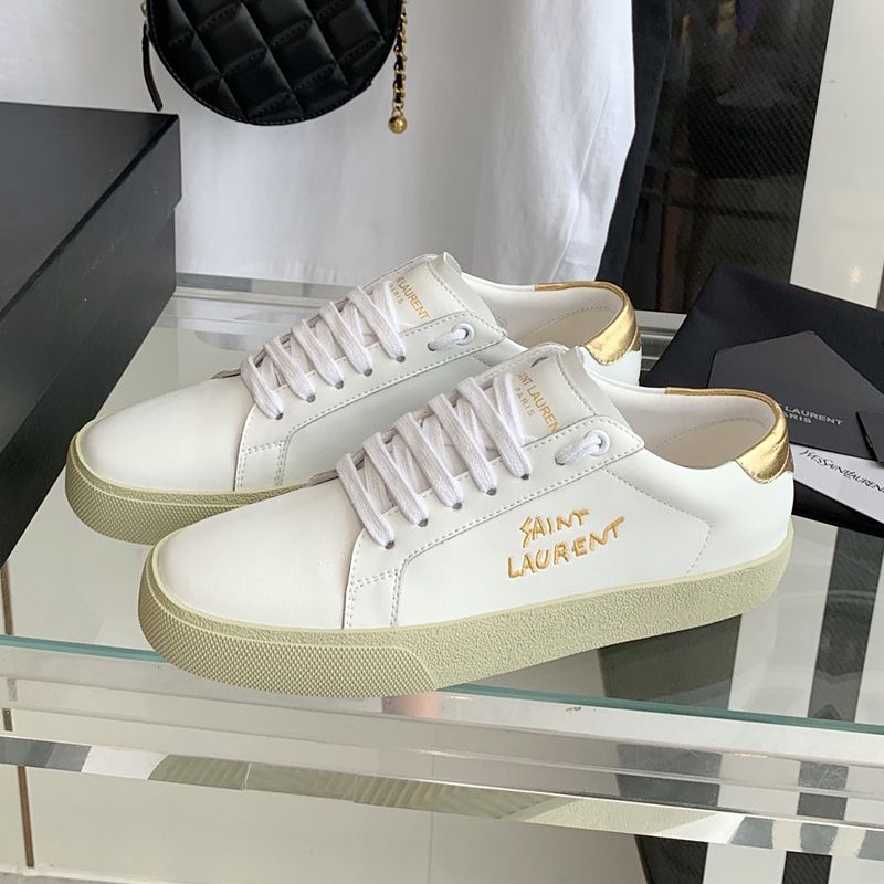 Saint Laurent Court Classic Sneakers Unisex Embroidered Leather with Gold Logo White Gold