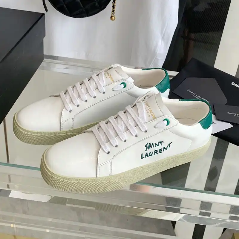 Saint Laurent Court Classic Sneakers Unisex Embroidered Leather with Green Logo White Green