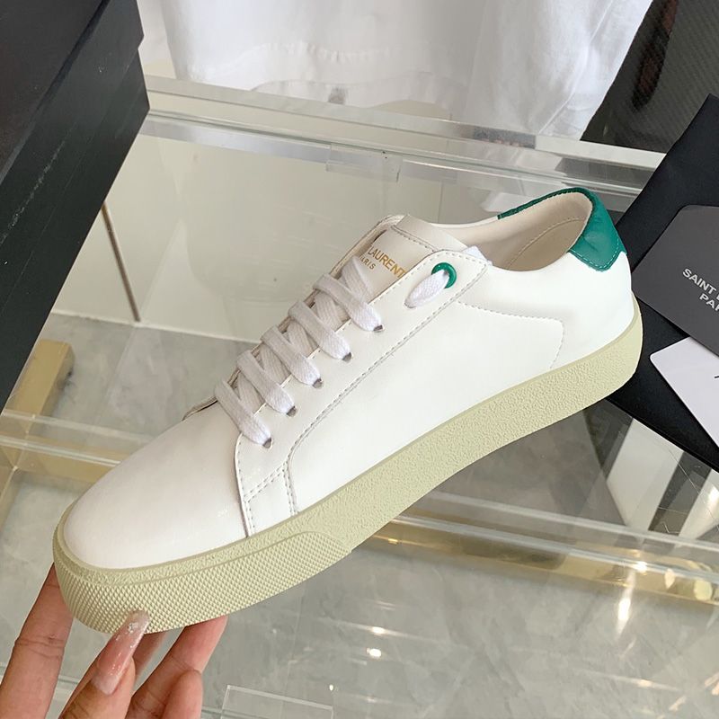 Saint Laurent Court Classic Sneakers Unisex Embroidered Leather with Green Logo White Green