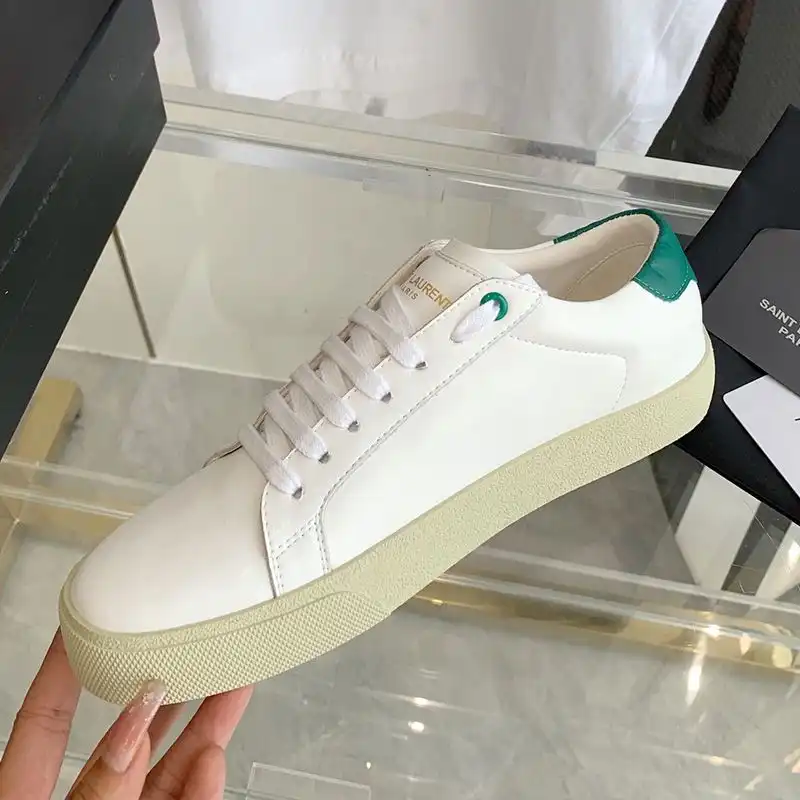 Cheap Saint Laurent Court Classic Sneakers Unisex Embroidered Leather with Green Logo White Green