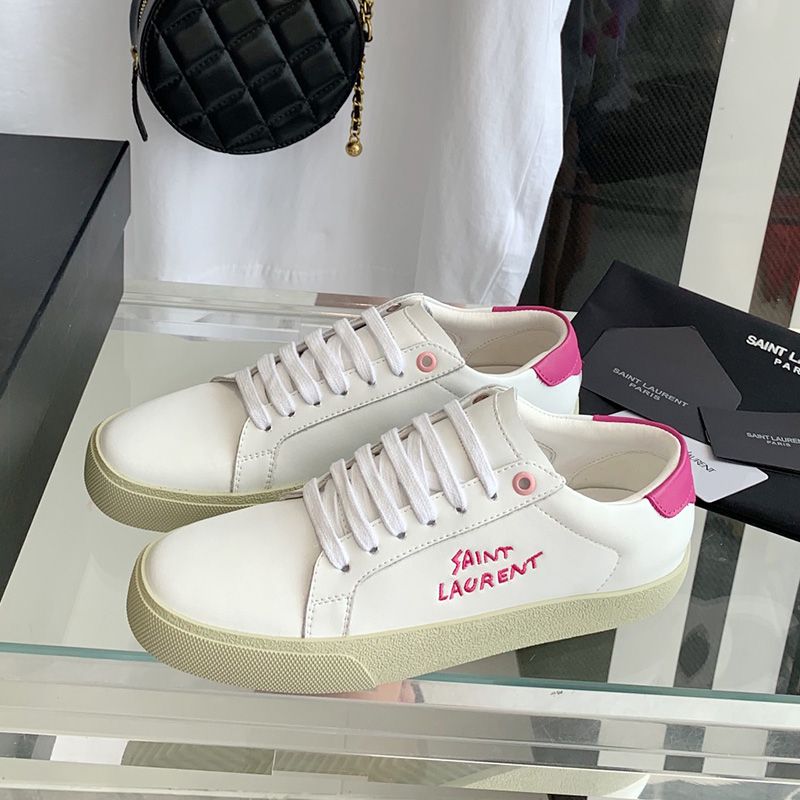 Saint Laurent Court Classic Sneakers Unisex Embroidered Leather with Rose Logo White Rose