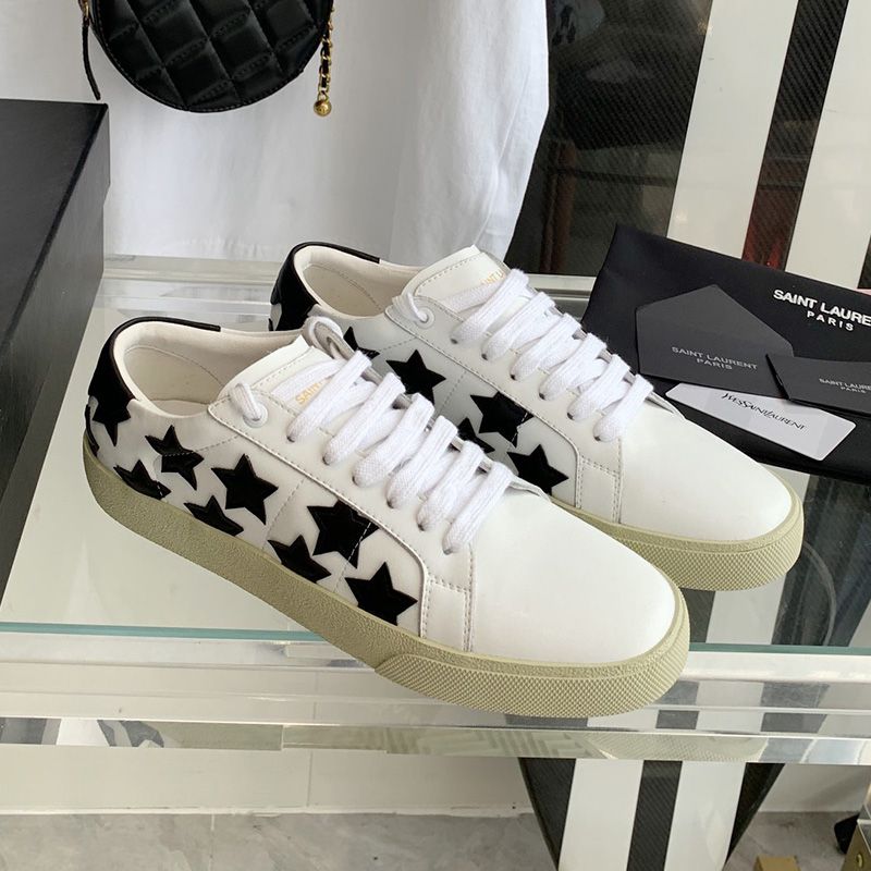 Saint Laurent Court Classic Sneakers Unisex Stars Embroidered Leather White Black