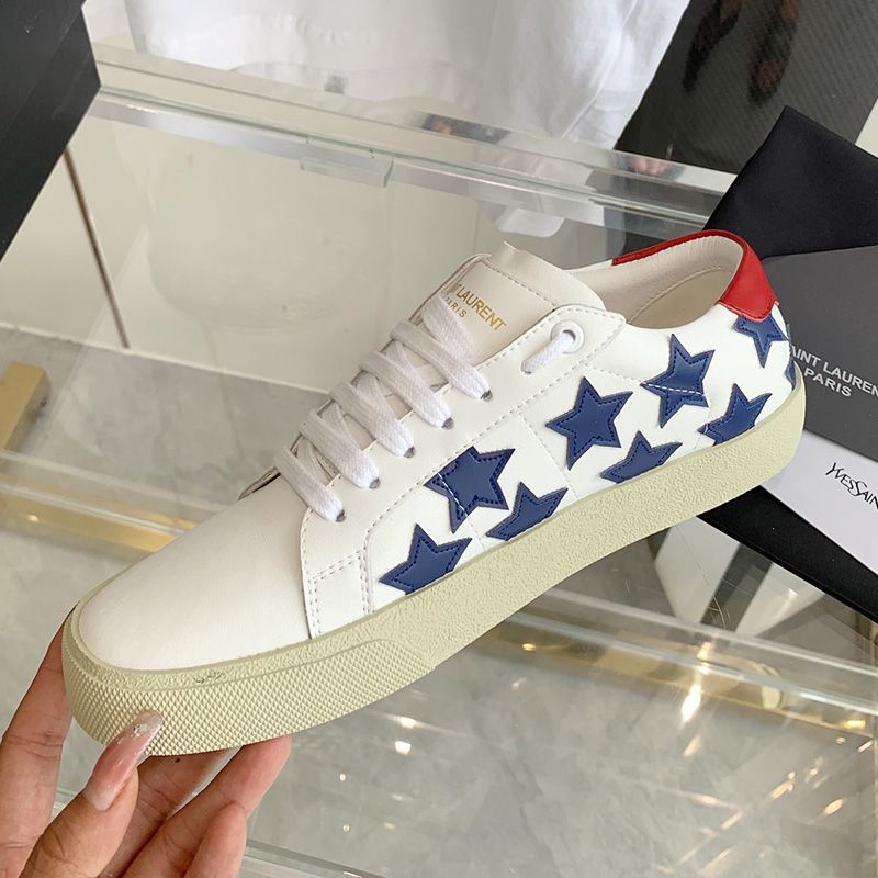 Saint Laurent Court Classic Sneakers Unisex Stars Embroidered Leather White Blue