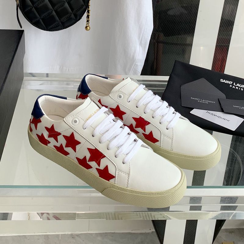 Saint Laurent Court Classic Sneakers Unisex Stars Embroidered Leather White Red