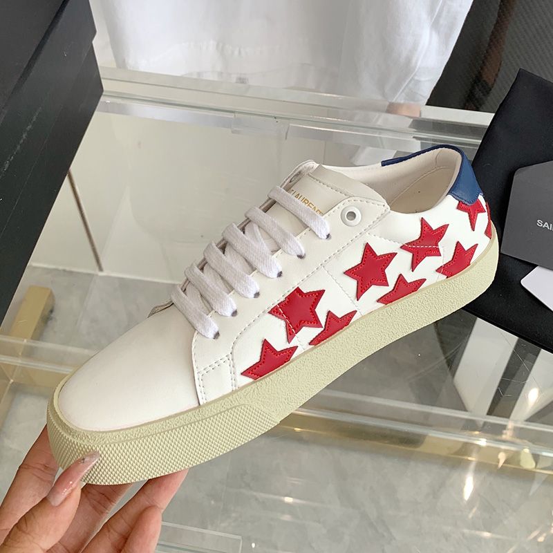 Saint Laurent Court Classic Sneakers Unisex Stars Embroidered Leather White Red