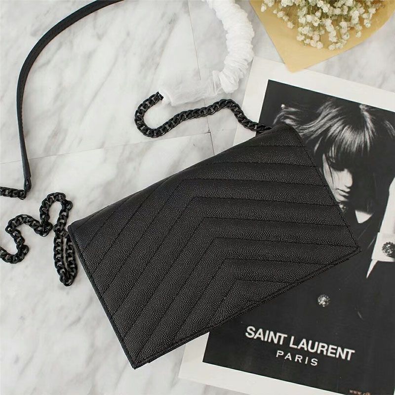 Saint Laurent Large Envelope Chain Wallet In Textured Matelasse Leather Black