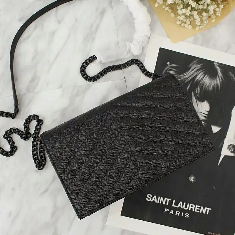 Cheap Saint Laurent Large Envelope Chain Wallet In Textured Matelasse Leather Black