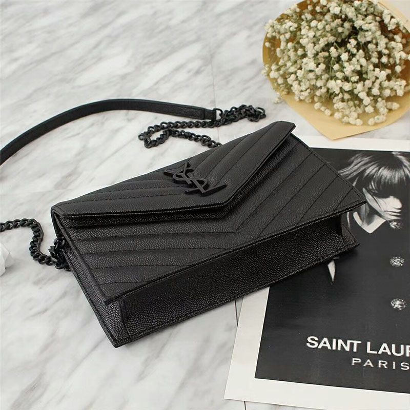 Saint Laurent Large Envelope Chain Wallet In Textured Matelasse Leather Black