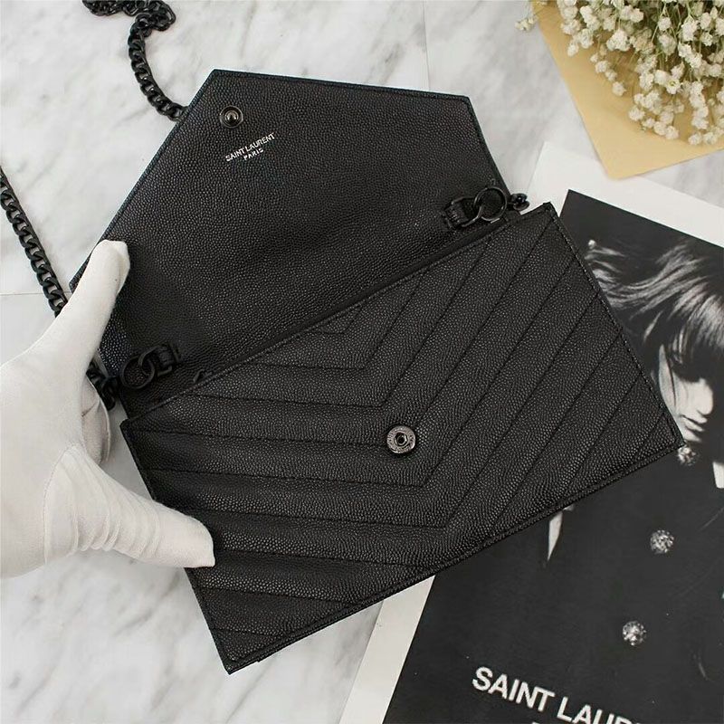 Saint Laurent Large Envelope Chain Wallet In Textured Matelasse Leather Black