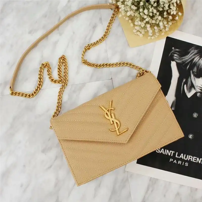 Saint Laurent Large Envelope Chain Wallet In Textured Matelasse Leather Apricot Gold