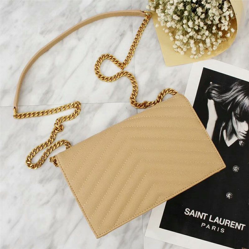 Saint Laurent Large Envelope Chain Wallet In Textured Matelasse Leather Apricot Gold