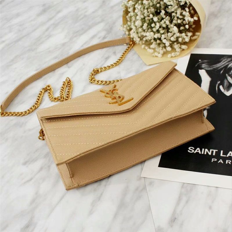 Saint Laurent Large Envelope Chain Wallet In Textured Matelasse Leather Apricot Gold