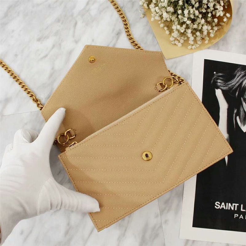 Saint Laurent Large Envelope Chain Wallet In Textured Matelasse Leather Apricot Gold