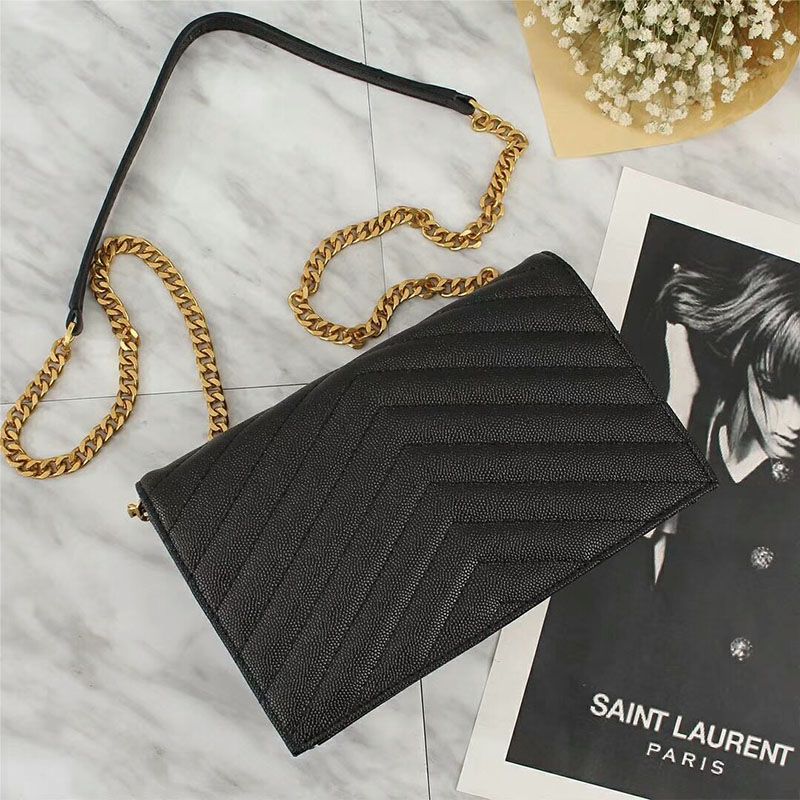 Saint Laurent Large Envelope Chain Wallet In Textured Matelasse Leather Black Gold