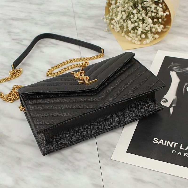 Saint Laurent Large Envelope Chain Wallet In Textured Matelasse Leather Black Gold