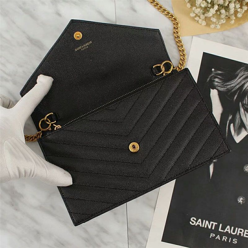 Saint Laurent Large Envelope Chain Wallet In Textured Matelasse Leather Black Gold