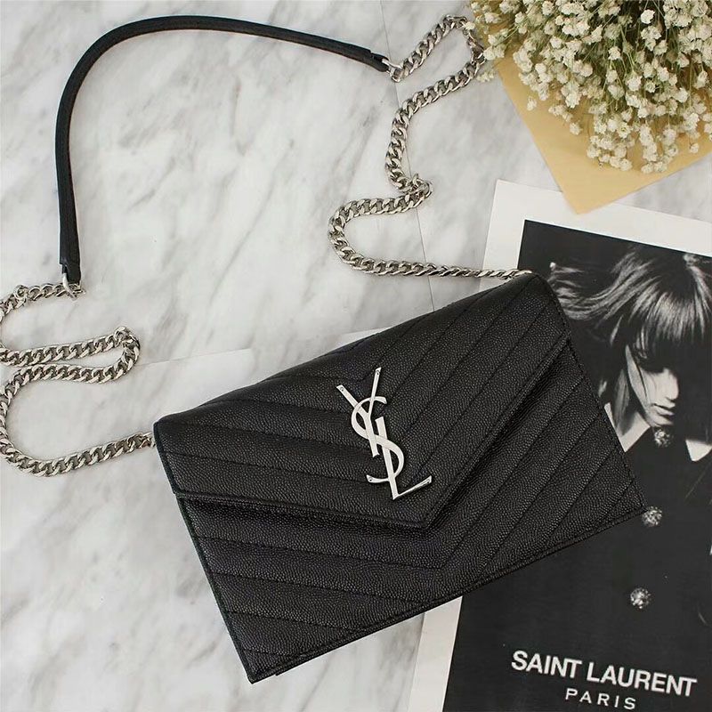 Saint Laurent Large Envelope Chain Wallet In Textured Matelasse Leather Black Silver