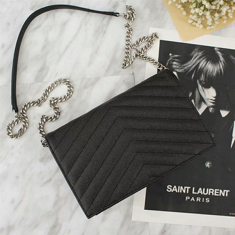 Saint Laurent Large Envelope Chain Wallet In Textured Matelasse Leather Black Silver