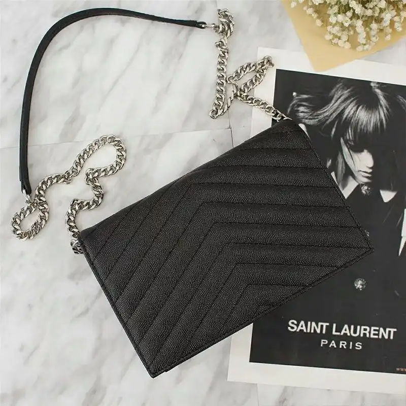 Cheap Saint Laurent Large Envelope Chain Wallet In Textured Matelasse Leather Black Silver