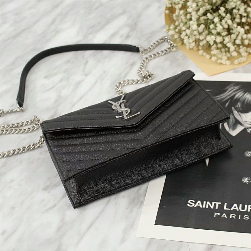 Saint Laurent Large Envelope Chain Wallet In Textured Matelasse Leather Black Silver